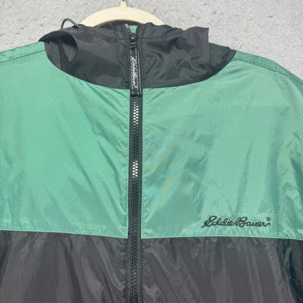 Eddie Bauer Mens Medium Waterproof Nylon Hooded Windbreaker Jacket‎ Green Black - Picture 2 of 13